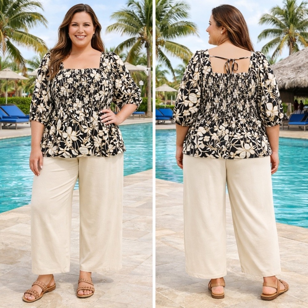 AVA & VIV Floral Smocked Peplum Top Sze 2X Puff Sleeve Cottagecore Boho Vacation